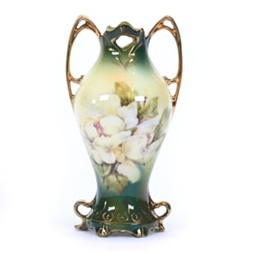 Vase Two Handles, Unmarked R.S. Prussia, Green and Yellow Tones, Magnolia Decor
