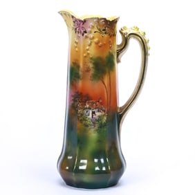 Tankard, R.S. Steeple Mark, Rosebud Mold, Cottage Scenic, Decor, Green, Orange, and Yellow Tones