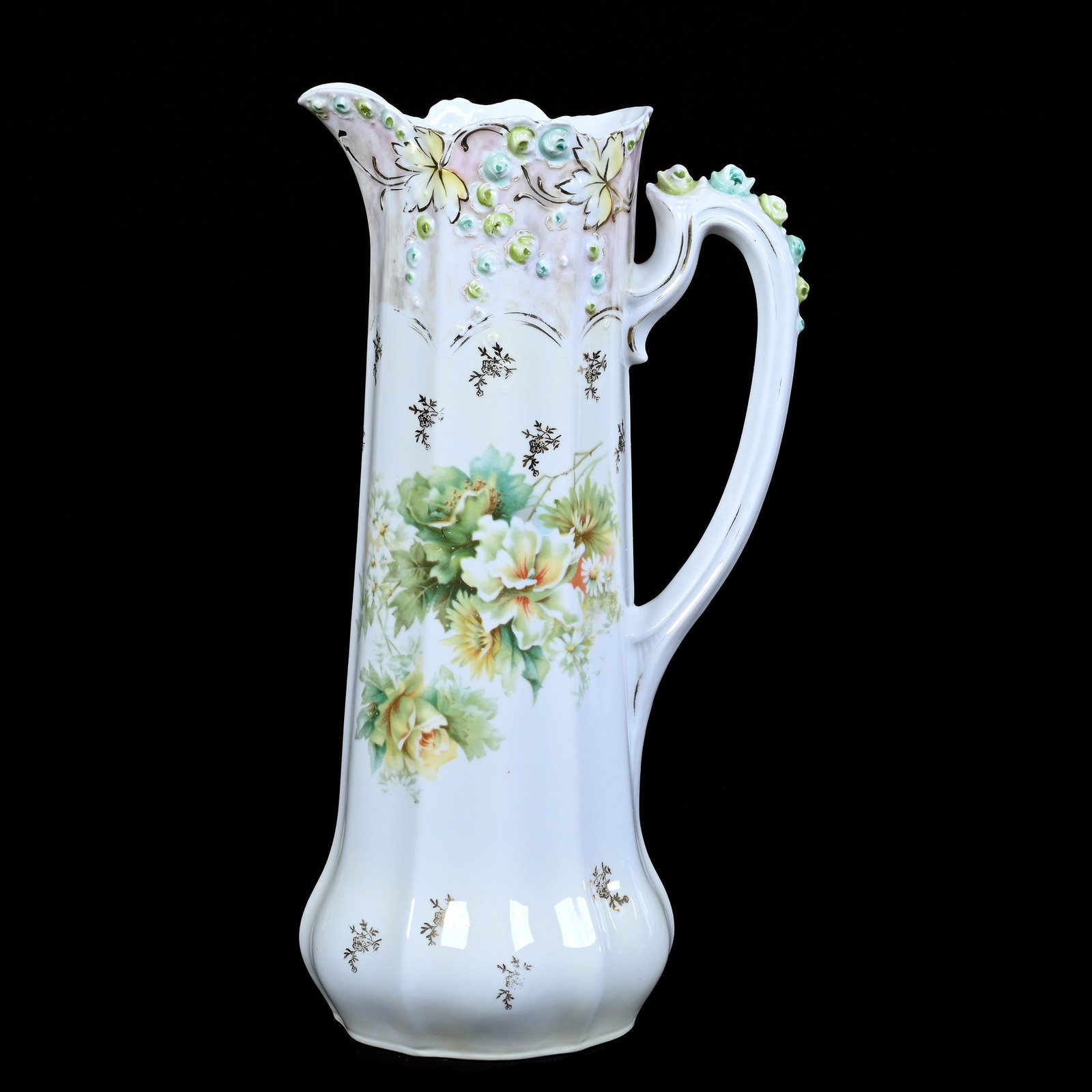 Tankard, R.S. Steeple Mark, Rosebud Mold, White and Yellow Luster Finish, Floral Decor: Tankard, R.S. Steeple Mark, Rosebud Mold, White and Yellow Luster Finish, Floral Decor, 13.75" x 7.25", Neal and Barbara Smith Private Collection, Alabama.
