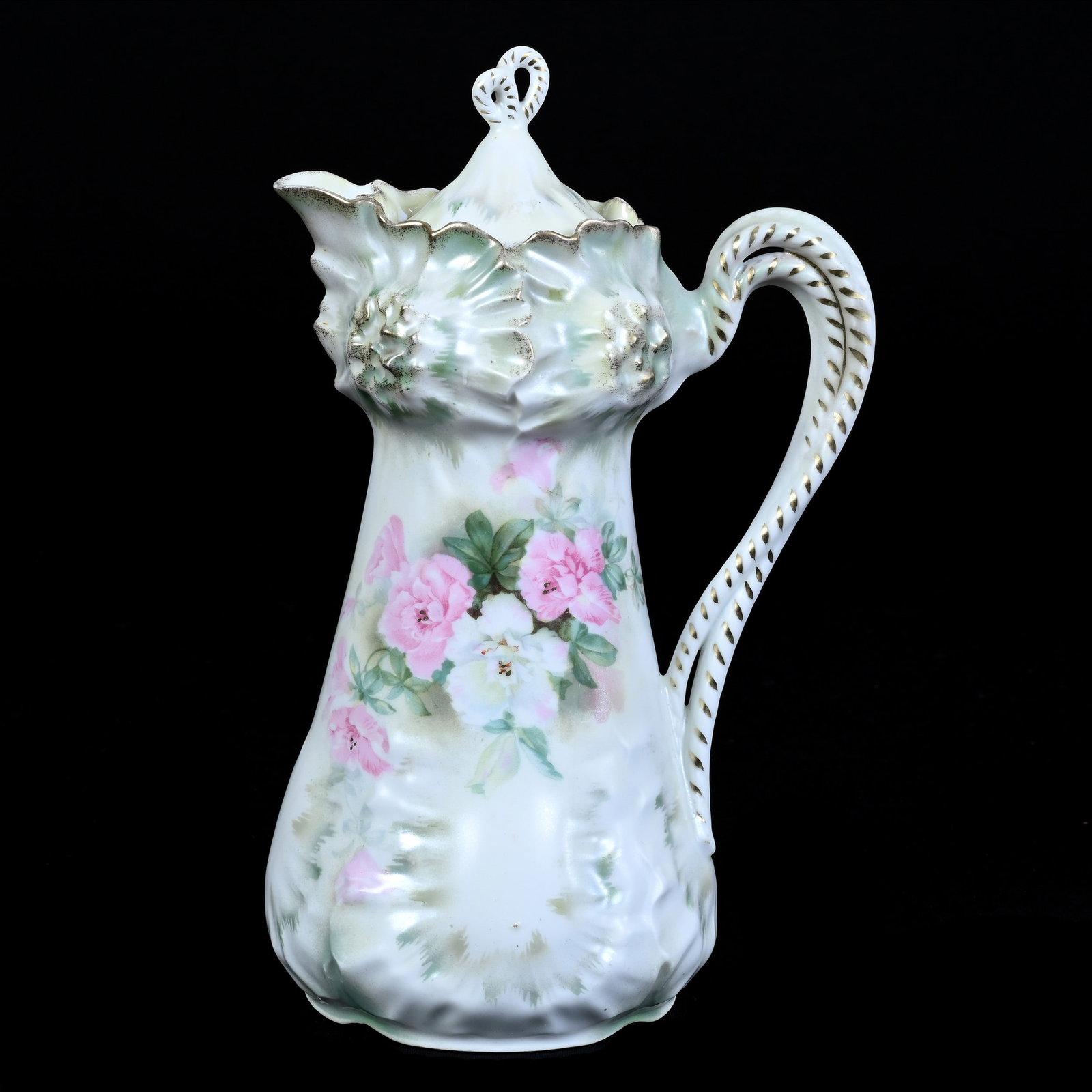 Chocolate Pot, Unmarked R.S. Prussia, Sunflower Mold: Chocolate Pot, Unmarked R.S. Prussia, Sunflower Mold, 9.75" x 6", Green and White Satin Finish, Floral Decor, Neal and Barbara Smith Private Collection, Alabama.