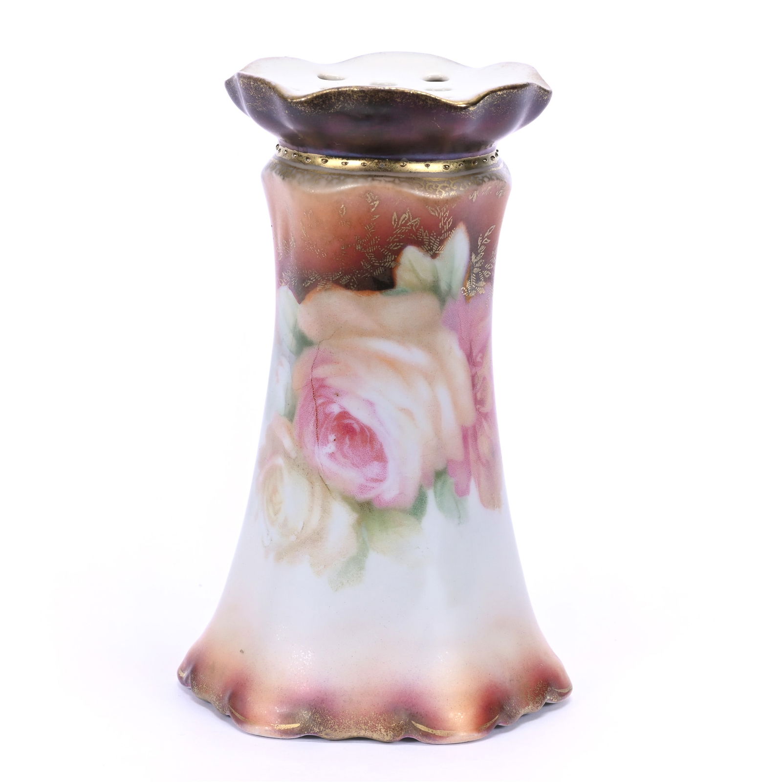 Muffineer, Unmarked R.S. Prussia, White, Peach, and Tiffany Satin Finish, Rose Decor (1 of 3)