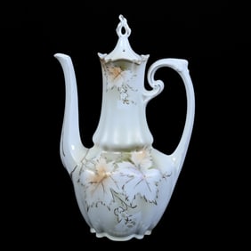 Coffee Pot, Unmarked R.S. Prussia, White and Green Satin Finish, Leaf Decor