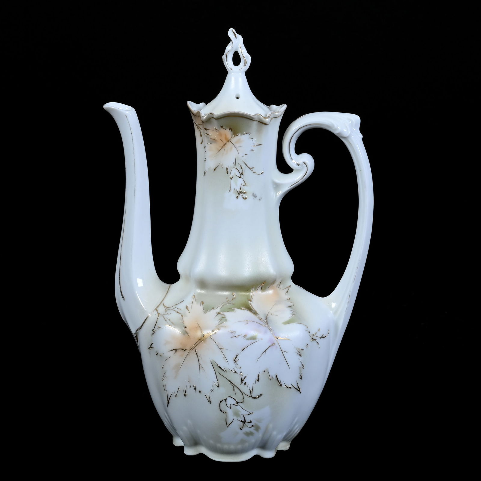 Coffee Pot, Unmarked R.S. Prussia, White and Green Satin Finish, Leaf Decor (1 of 3)
