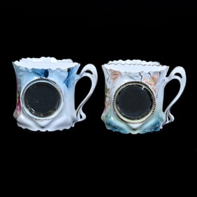 (2) Shaving Mugs, R.S. Prussia, Inset Round Beveled Mirrors, Rose Decor,
