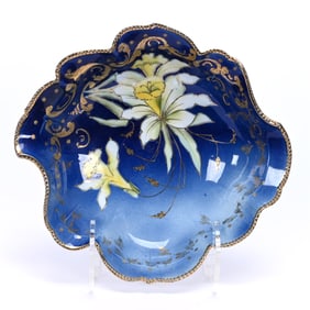 Bowl Marked Royal Coburg, Cobalt Blue, Yellow Daffodil Decor, Gold Stencil Highlights