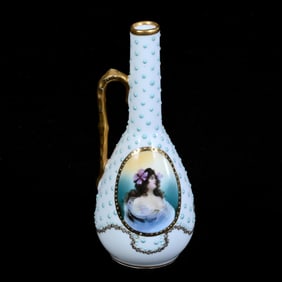 Ewer Marked Prov Saxe, White With Medallion Portrait Of Young Woman