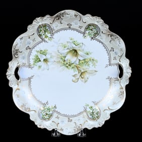 Cake Plate Marked R.S. Prussia, White and Light Green Satin Finish