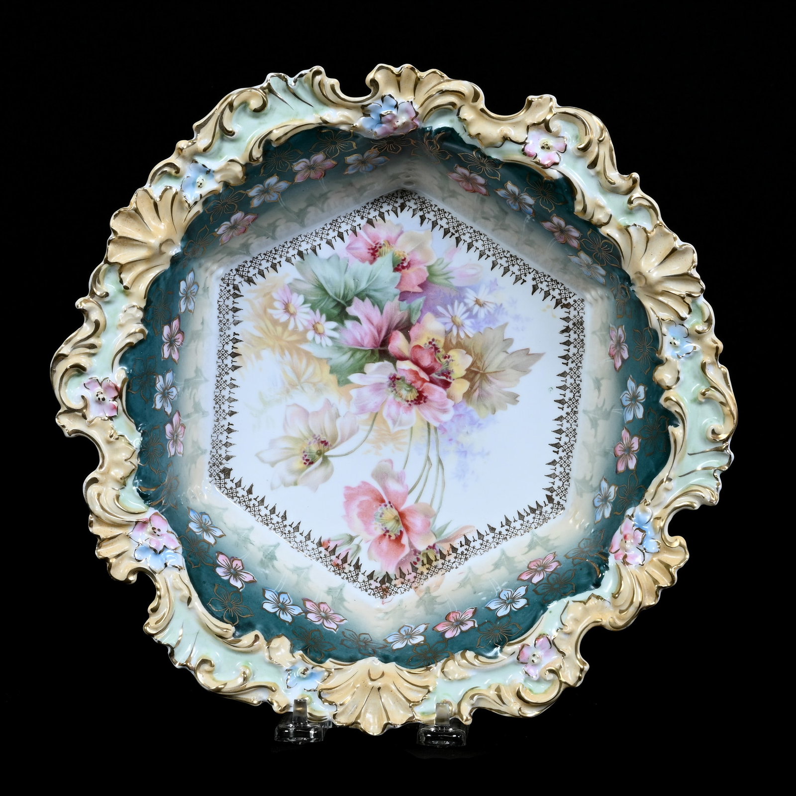 Bowl, Unmarked R.S. Prussia, Green, Cream and White Tones, Wild Floral Decor: Bowl, Unmarked R.S. Prussia, Green, Cream and White Tones, Wild Floral Decor, 10.75", Neal and Barbara Smith Private Collection, Alabama.