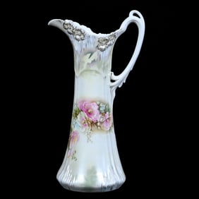 Tankard Marked R.S. Prussia, Icicle Mold, Green, Yellow and White Tones, Floral Decor