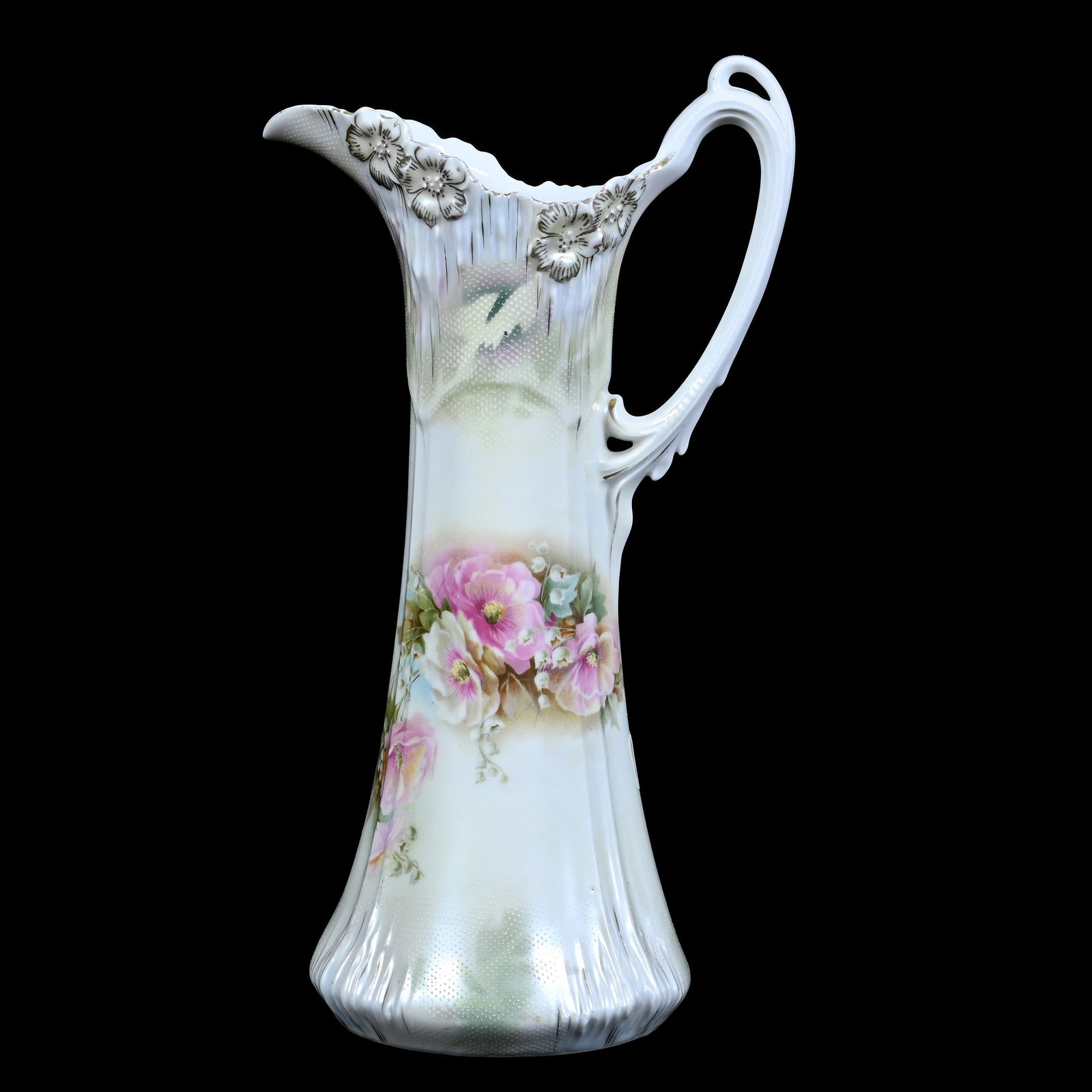 Tankard Marked R.S. Prussia, Icicle Mold, Green, Yellow and White Tones, Floral Decor: Tankard Marked R.S. Prussia, Icicle Mold, Green, Yellow and White Tones, Floral Decor, 11.75" x 6.5", Enamel Tapestry Highlights, Neal and Barbara Smith Private Collection, Alabama.