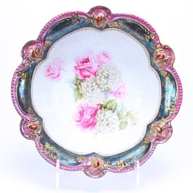 Bowl Marked R.S. Prussia, White Satin Center With Iridescent Tiffany and Pink Border