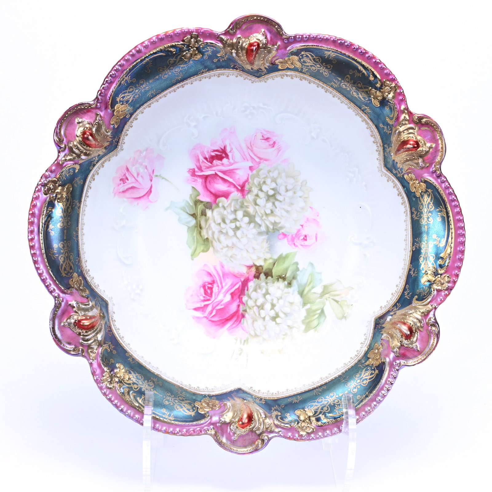 Bowl Marked R.S. Prussia, White Satin Center With Iridescent Tiffany and Pink Border: Bowl Marked R.S. Prussia, White Satin Center With Iridescent Tiffany and Pink Border, 10.75", Snowball and Rose Decor, Bronze Jewel Highlights, Attractive Bowl, Neal and Barbara Smith Private Collecti