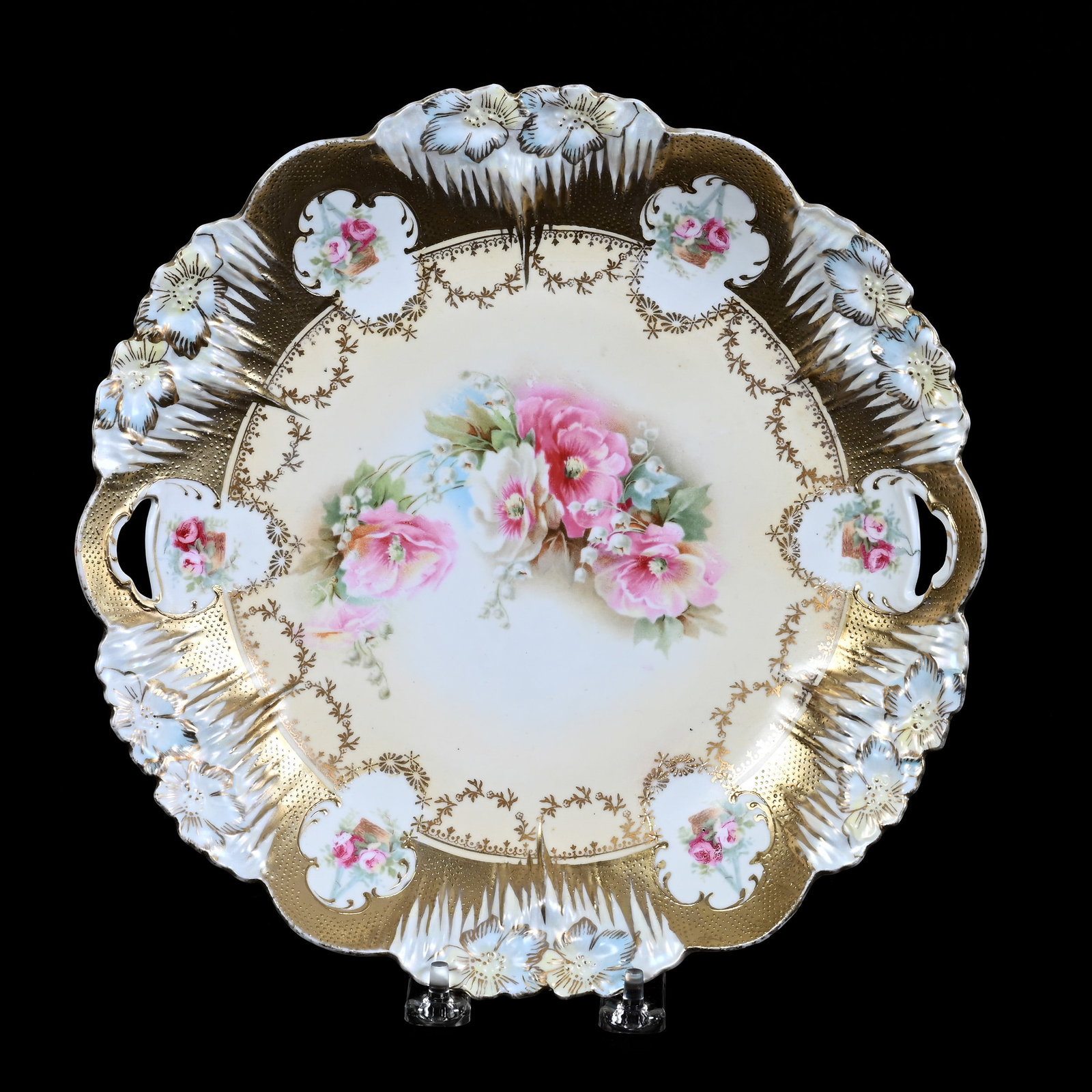 Cake Plate Marked R.S. Prussia, Icicle Mold, Cream Center, Floral Decor: Cake Plate Marked R.S. Prussia, Icicle Mold, Cream Center, Floral Decor, 10.25", Hanging Basket Medallions, Gold Tapestry Border, Exterior With Satin Finish, Neal and Barbara Smith Private Collection,