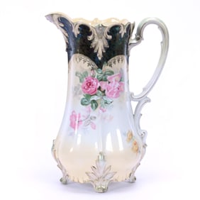Tankard, Unmarked R.S. Prussia, Pink Rose Decor, Highly Iridescent Tiffany Border