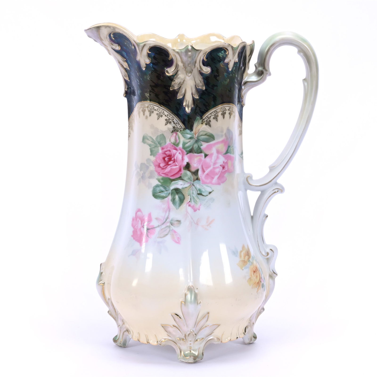 Tankard, Unmarked R.S. Prussia, Pink Rose Decor, Highly Iridescent Tiffany Border (1 of 4)