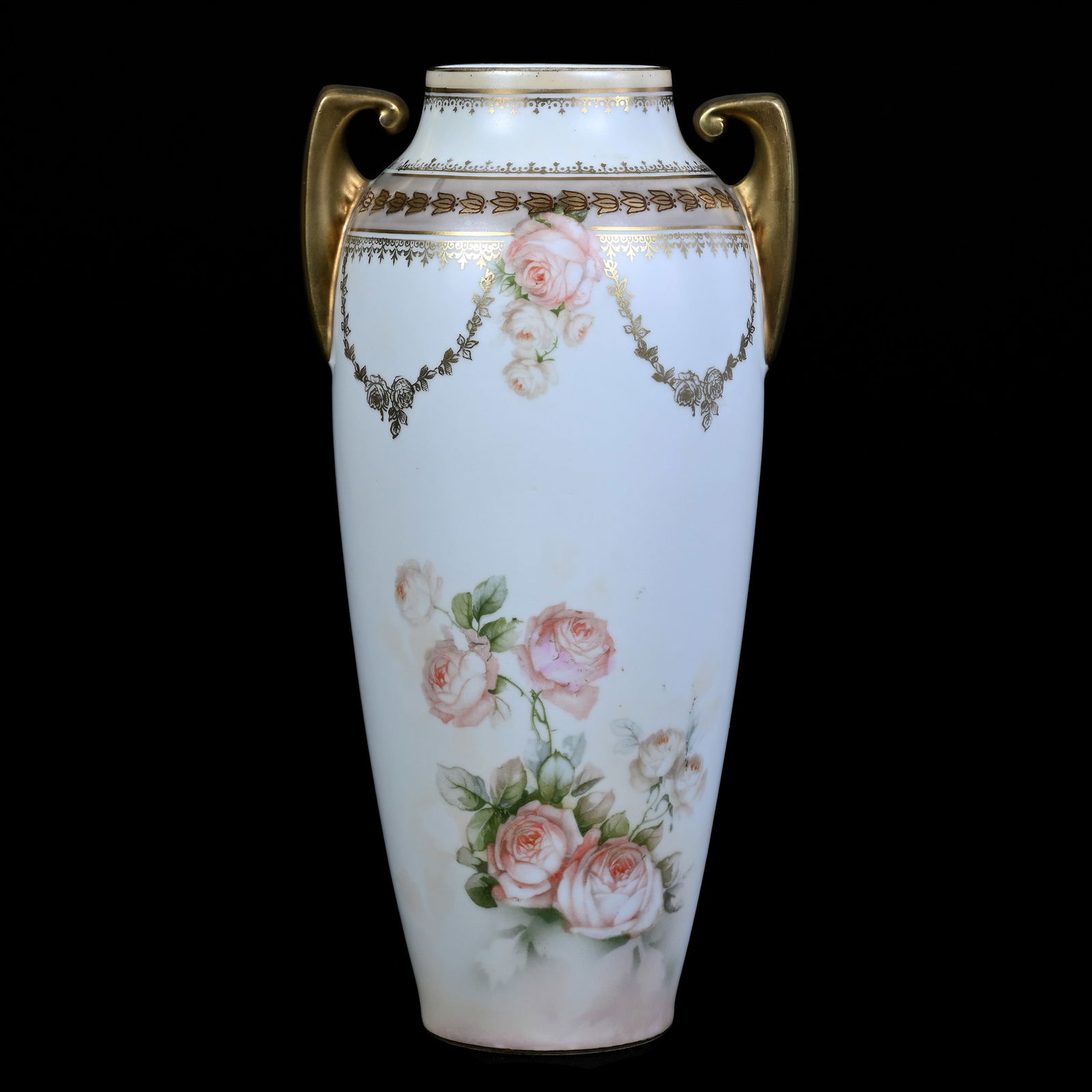 Vase, Two Handles, Unmarked R.S. Prussia, White Satin Finish, Pink Rose Decor (1 of 3)