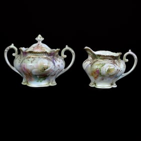 Creamer and Sugar Set Marked R.S. Prussia, Green and White Satin Finish