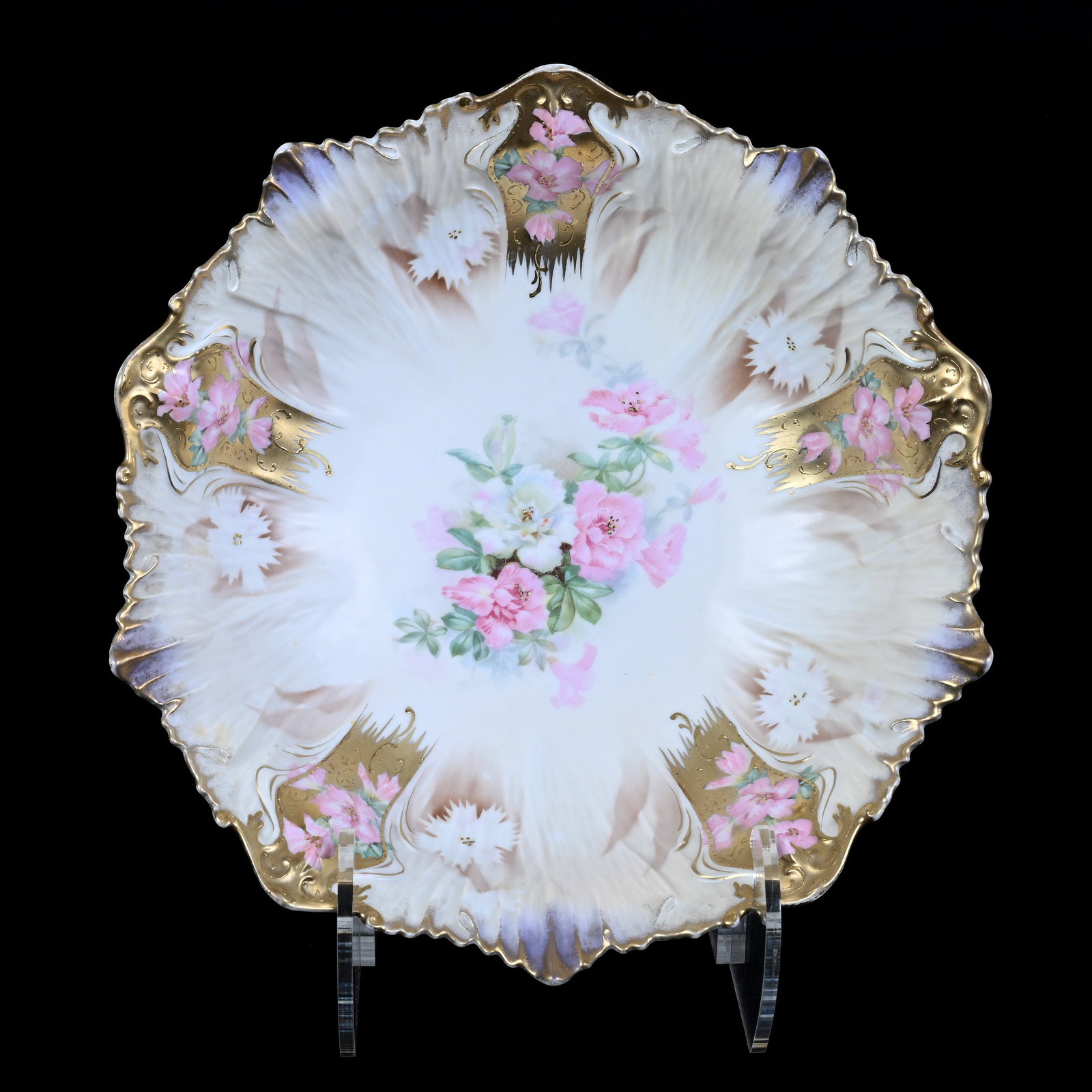 Bowl Marked R.S. Prussia, Unique Mold, Light Brown and Lavender Satin, Floral Decor: Bowl Marked R.S. Prussia, Unique Mold, Light Brown and Lavender Satin, Floral Decor, 10.75", Nice Gold Highlights, Neal and Barbara Smith Private Collection, Alabama.