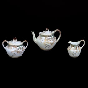 Tea Set, Three Piece, Unmarked R.S. Prussia, Castle, Cottage and Mill Scenic Decors