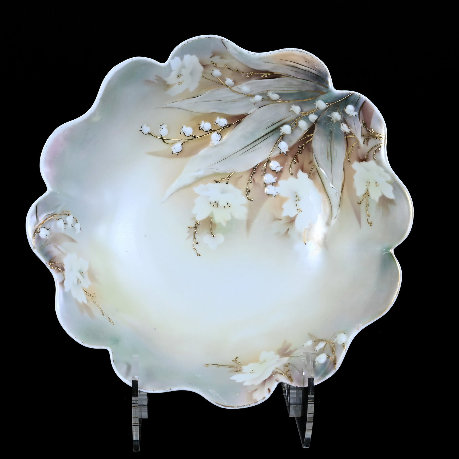 Bowl Marked R.S. Prussia, Green, Brown and Yellow Satin, Lily Of Valley Mold: Bowl Marked R.S. Prussia, Green, Brown and Yellow Satin, Lily Of Valley Mold, 11", Neal and Barbara Smith Private Collection, Alabama.
