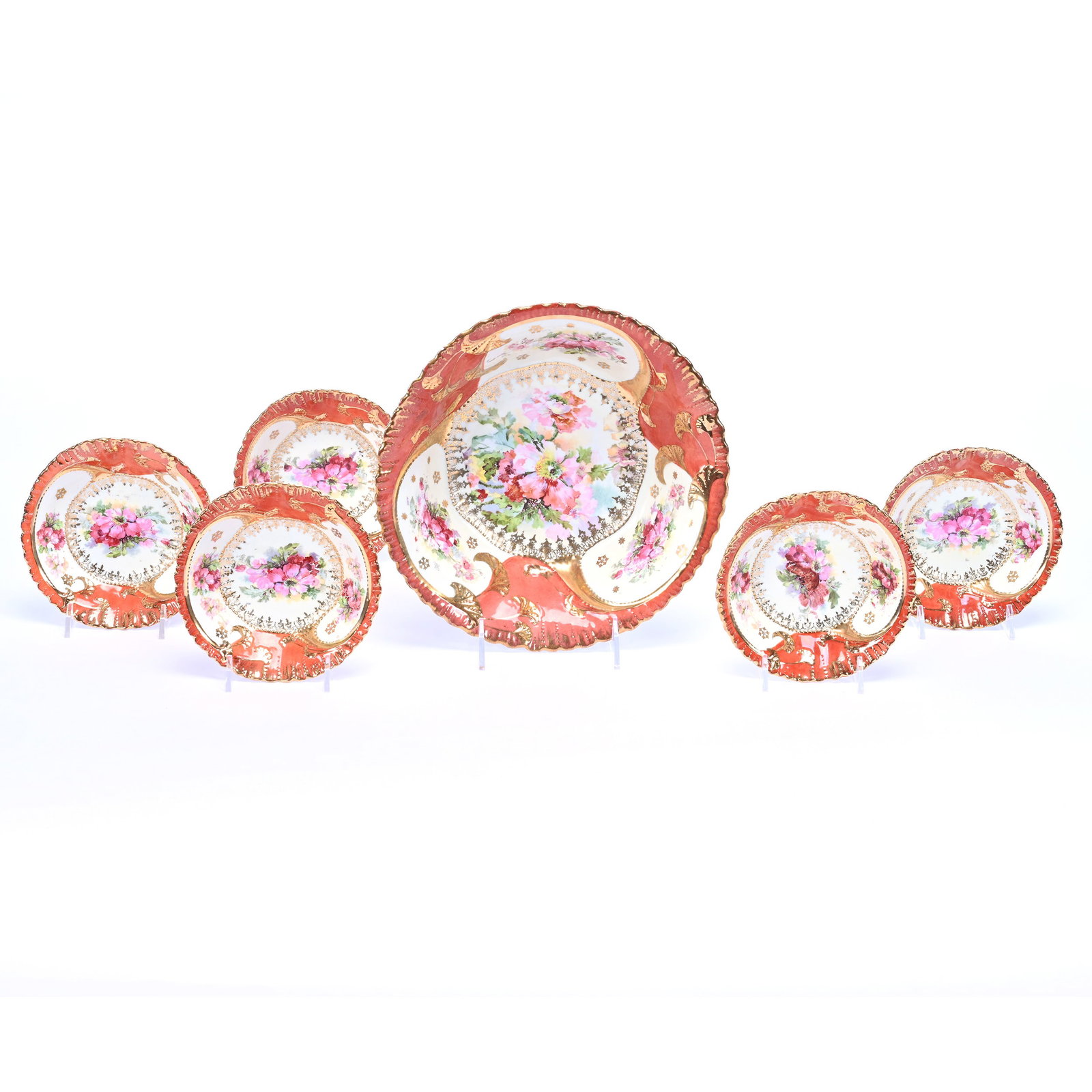 Berry Set, Unmarked St. Killian, Yellow Background, Floral Decor: Berry Set, Unmarked St. Killian, Yellow Background, Floral Decor, Gold Trim, (1) 9.75" Master Bowl, (5) 5.25" Berry Dishes, Neal and Barbara Smith Private Collection, Alabama.
