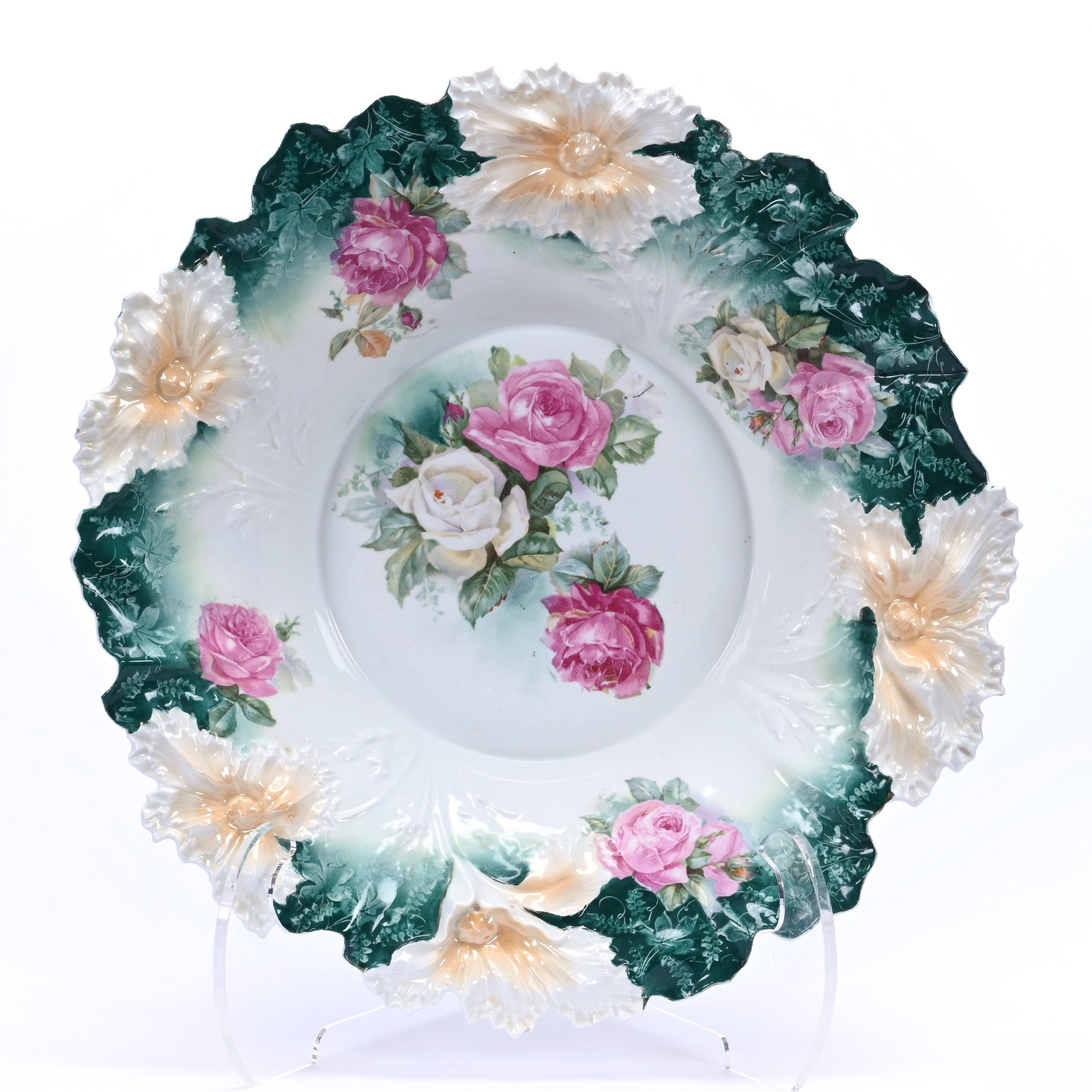 Center Bowl, Marked R.S. Prussia, Carnation Mold: Center Bowl, Marked R.S. Prussia, Carnation Mold, 15", Green And White Tones With Pink And White Rose Decor, Private Kentucky Collection.