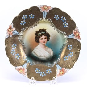 Plate, Unmarked R.S. Prussia, lily Mold, Green and Yellow Ground With Lebrun With Ribbon