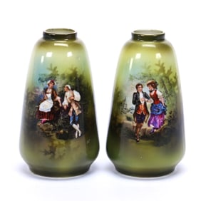 (2) Vases, Unmarked R.S. Prussia Style, Green and Yellow Tones
