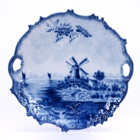 Two Handled Cake Plate, Early Unmarked R.S. Prussia, Blue and White With Mill and Sailboat Decor