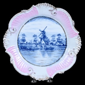 Plate, Early Unmarked R.S. Prussia, Blue and White Center With Mill Scene Decor