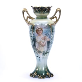 Two Handled Vase, Marked R.S. Prussia, Green and Yellow Tones With Winter Season Portrait Decor