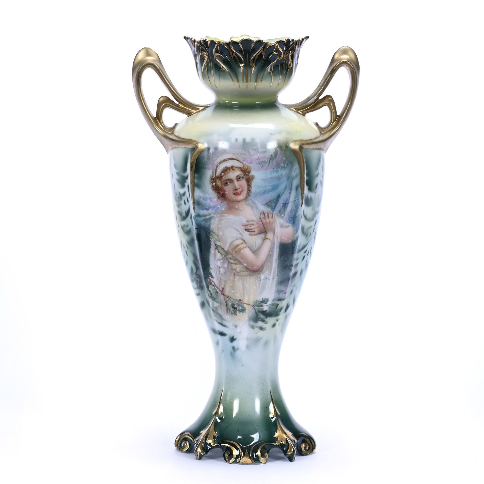 Two Handled Vase, Marked R.S. Prussia, Green and Yellow Tones With Winter Season Portrait Decor (1 of 3)