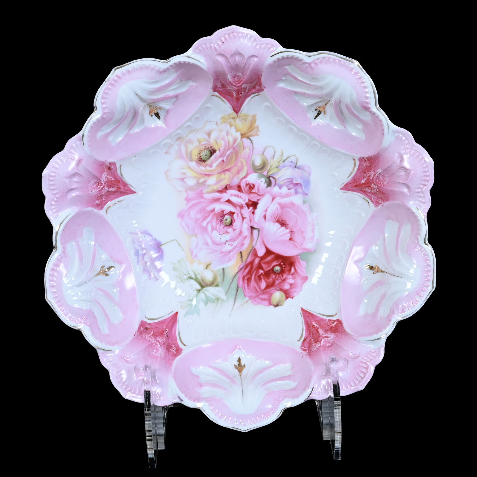 Bowl, Marked R.S. Prussia, Pink and White Tones With Poppy Decor: Bowl, Marked R.S. Prussia, Pink and White Tones With Poppy Decor, 10.5", Christine And The Late Bob Welter Collection, Texas.