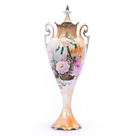 Two Handled Covered Urn, Marked R.S. Prussia, Peach and White Satin Finish