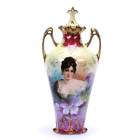 Two Handled Covered Urn, Yellow, Green, and Lavender Tones With Red Border