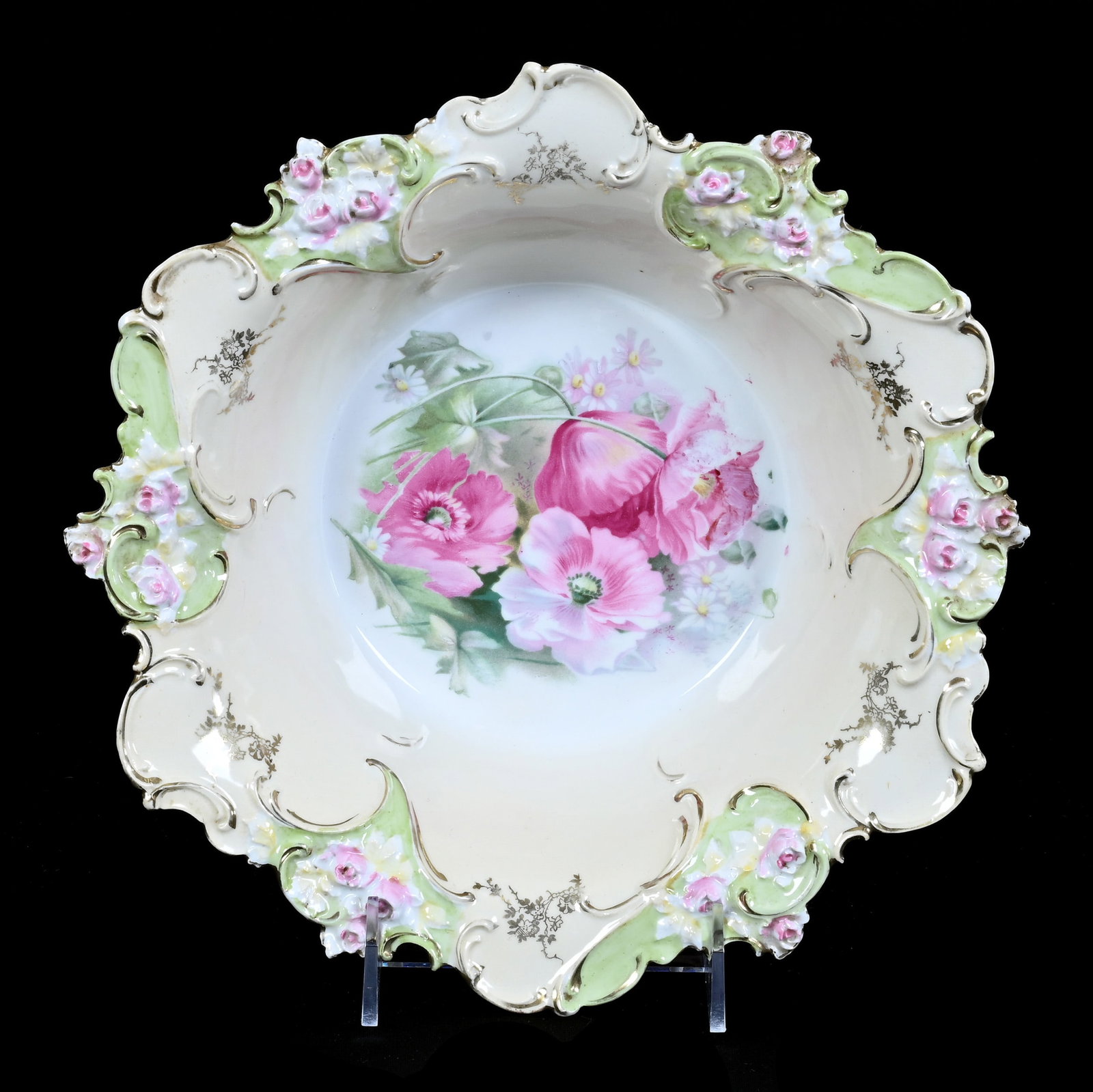 Bowl, Marked R.S. Prussia, Cream, Green, and White Tones With Pink Poppy Decor: Bowl, Marked R.S. Prussia, Cream, Green, and White Tones With Pink Poppy Decor, 10.25", Nice Mold, Christine And The Late Bob Welter Collection, Texas.