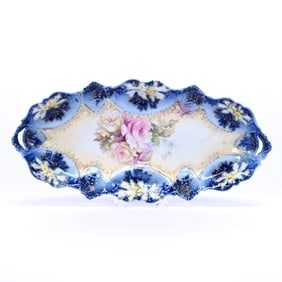 Celery Tray, Unmarked R.S. Prussia, Cream Center With Cobalt Border, Pink and Yellow Rose Decor
