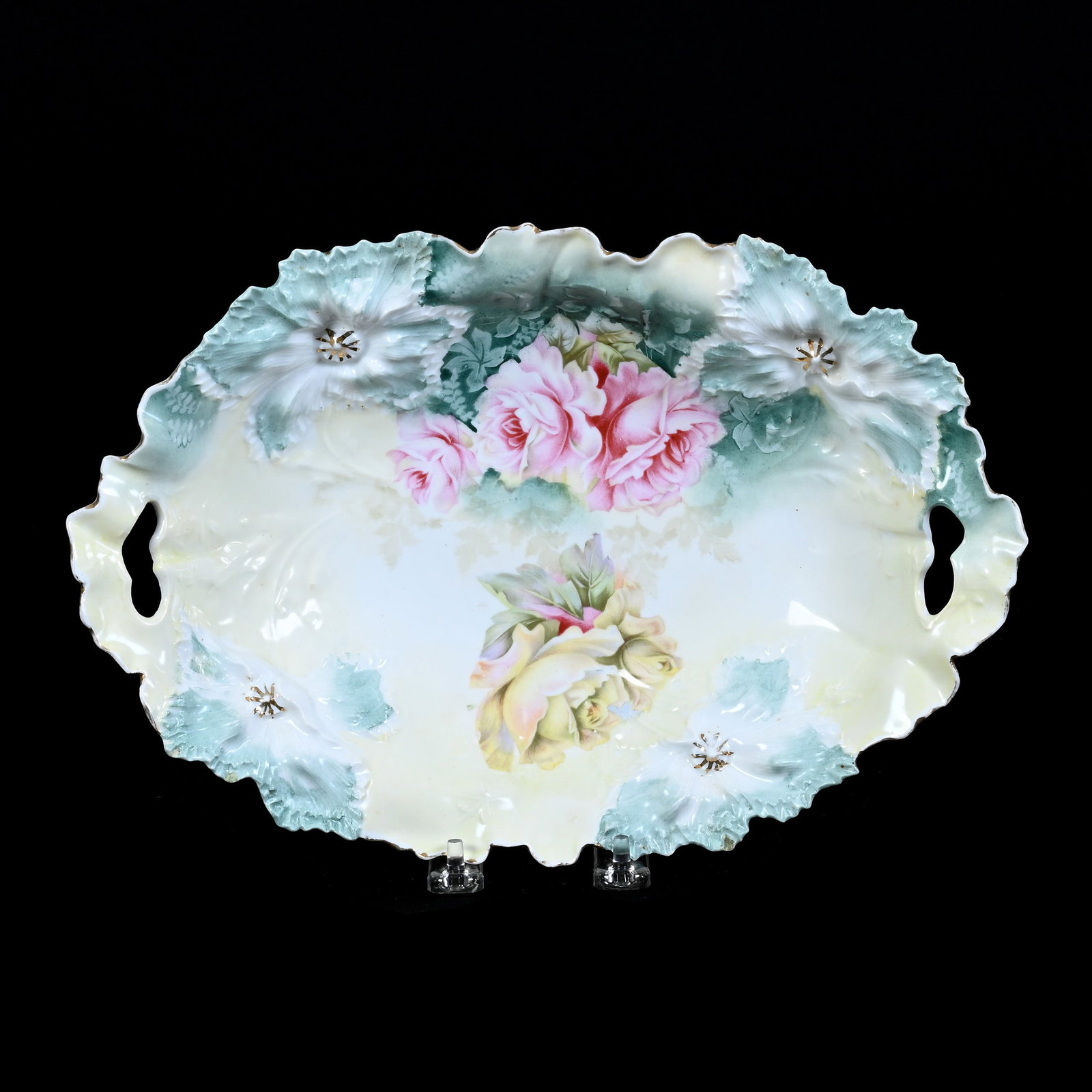 Bread Bowl, Marked R.S. Prussia, Carnation Mold: Bread Bowl, Marked R.S. Prussia, Carnation Mold, 12.5" x 8.5", Green, Yellow, And White Tones With Pink And Yellow Rose Decor, Christine And The Late Bob Welter Collection, Texas.