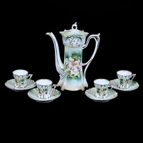 Coffee Set, Marked R.S. Prussia, Green, Cream, and White Tones