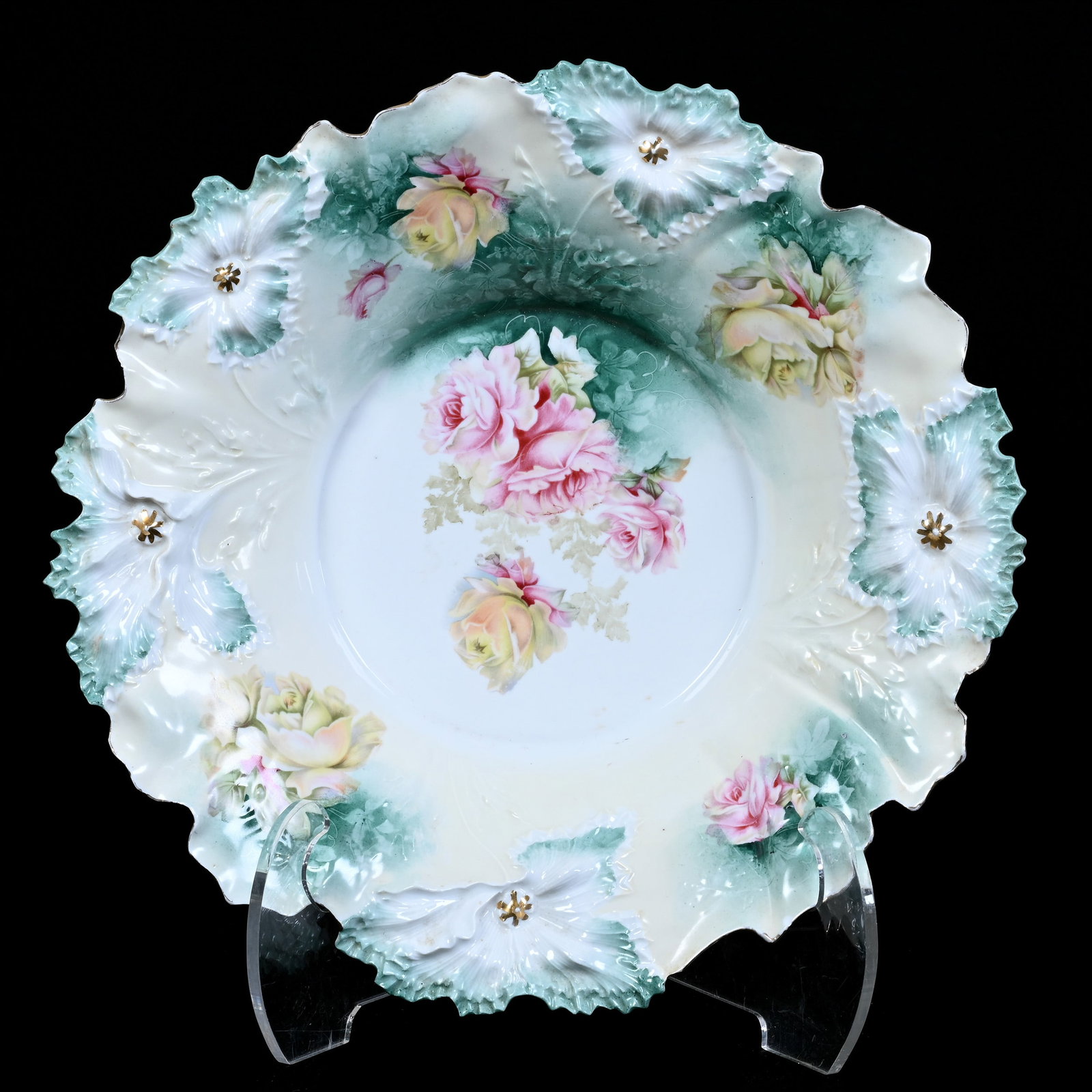 Center Bowl, Marked R.S. Prussia, Carnation Mold: Center Bowl, Marked R.S. Prussia, Carnation Mold, 15", Green, Cream, And White Tones With Pink And Yellow Rose Decor, Christine And The Late Bob Welter Collection, Texas.