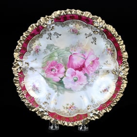 Plate, Marked R.S. Prussia, White and Tiffany Satin Finish With Red Border, Pink Poppy Decor