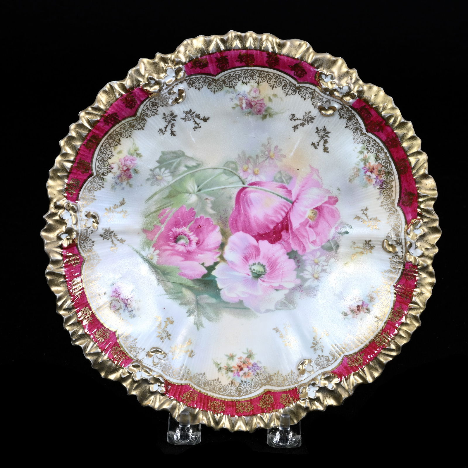 Plate, Marked R.S. Prussia, White and Tiffany Satin Finish With Red Border, Pink Poppy Decor (1 of 2)