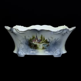 Fernery, Marked R.S. Prussia, Gray and Yellow Tones With Double Scene Castle and Mill Decor