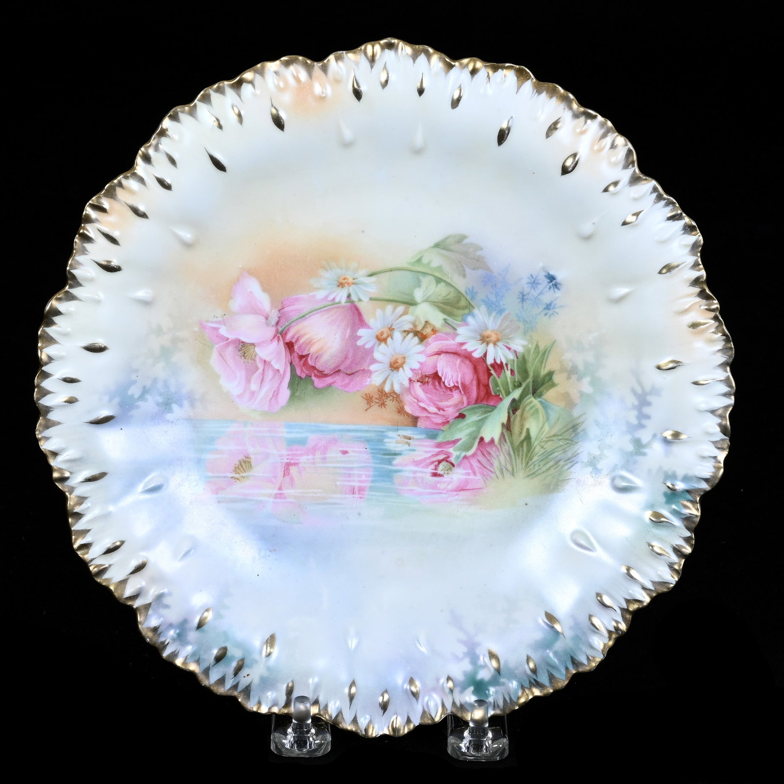 Plate, Marked R.S. Prussia, Raindrop Mold: Plate, Marked R.S. Prussia, Raindrop Mold, 8.75", Cream, White, And Tiffany Satin Finish With Reflecting Floral Decor, Gold Trim Highlights, Christine And The Late Bob Welter Collection, Texas.