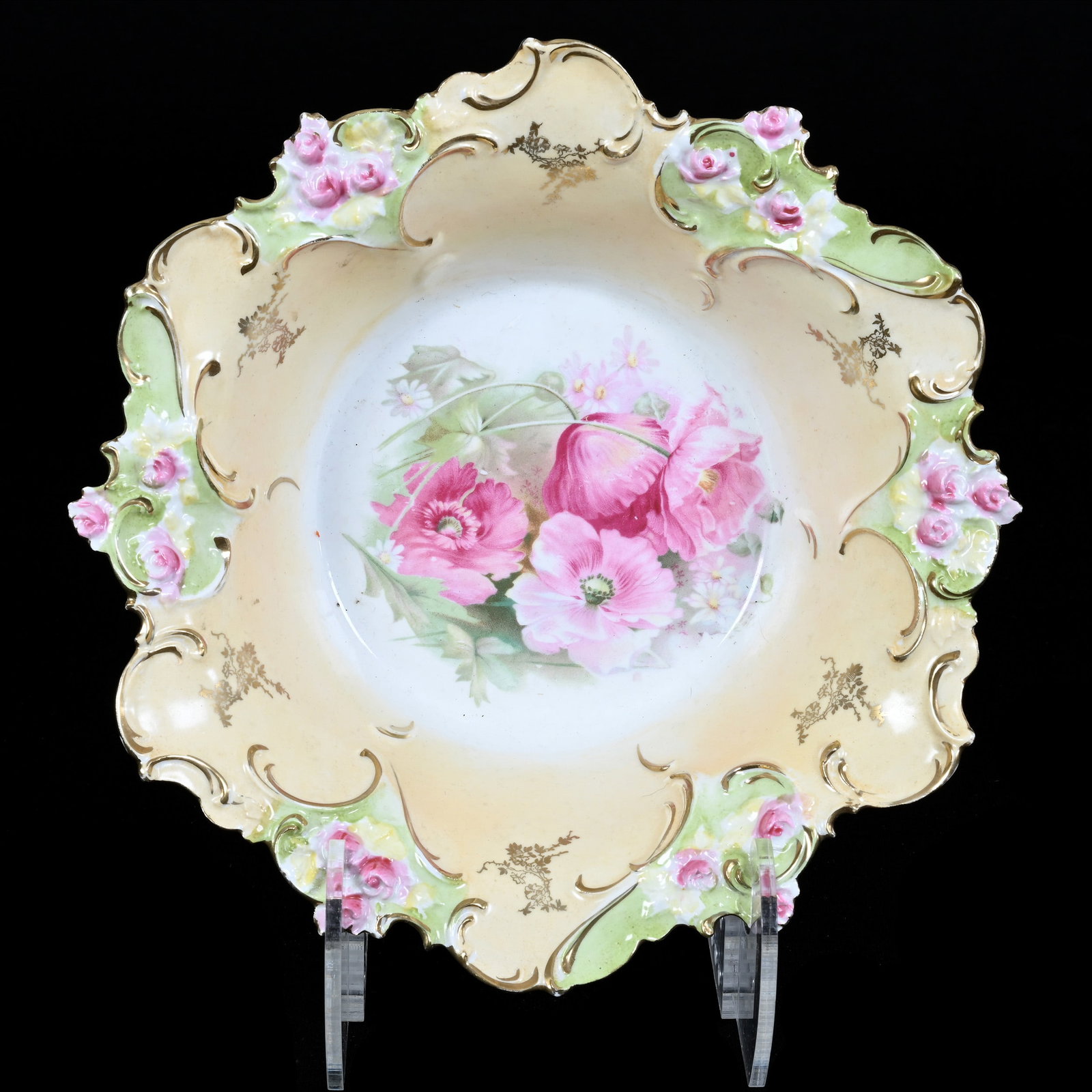 Bowl, Marked R.S. Prussia, Cream, Green, and White Tones: Bowl, Marked R.S. Prussia, Cream, Green, and White Tones, 10.25", Poppy Decor, Christine And The Late Bob Welter Collection, Texas.