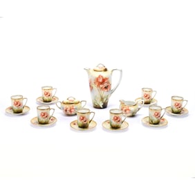 11 Piece Chocolate Set, Marked R.S. Germany, Cream, Green, and Gray Tones