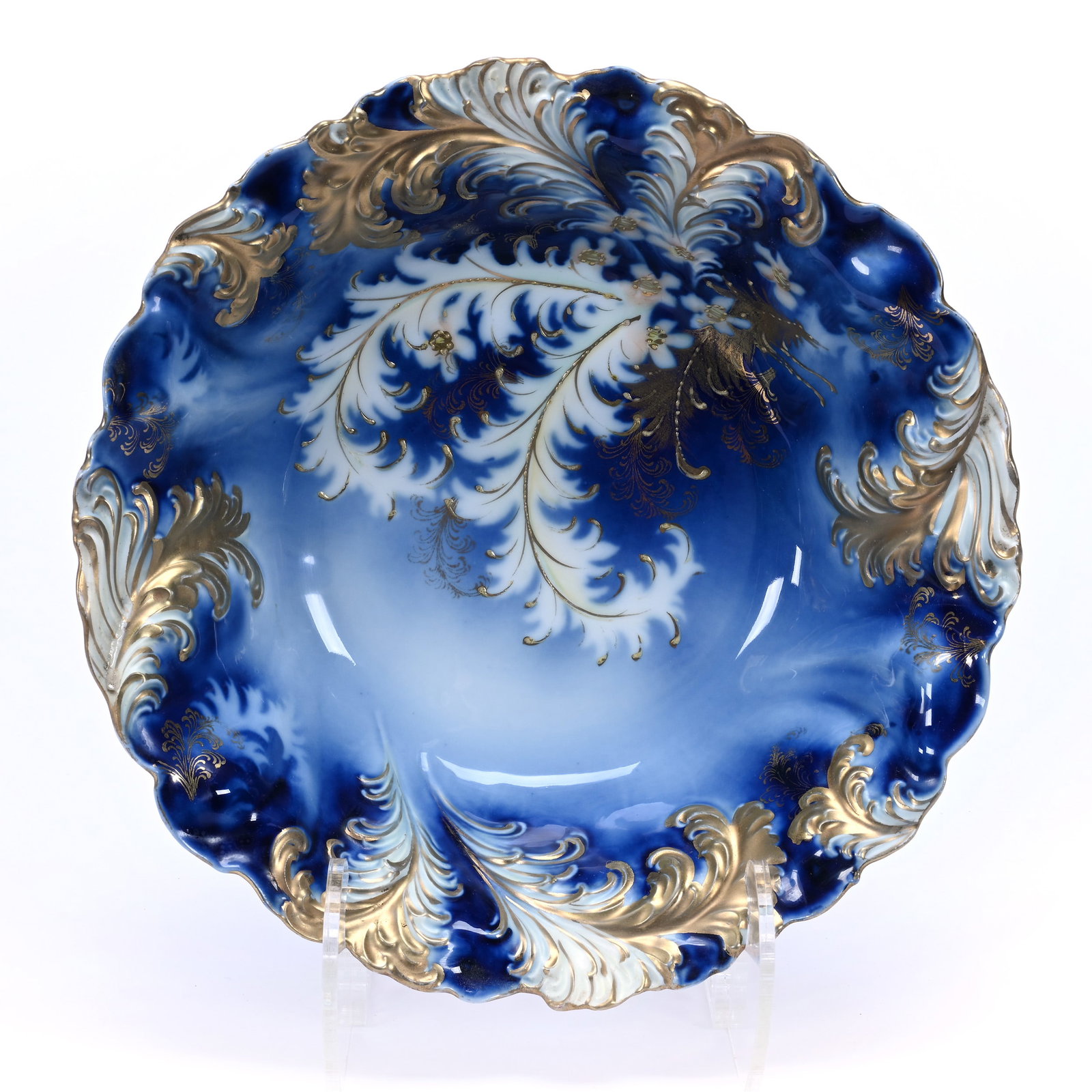 Bowl, Unmarked R.S. Prussia, Plume Mold: Bowl, Unmarked R.S. Prussia, Plume Mold, 10.75", Cobalt Blue With Heavy Gold Highlights, Christine And The Late Bob Welter Collection, Texas.