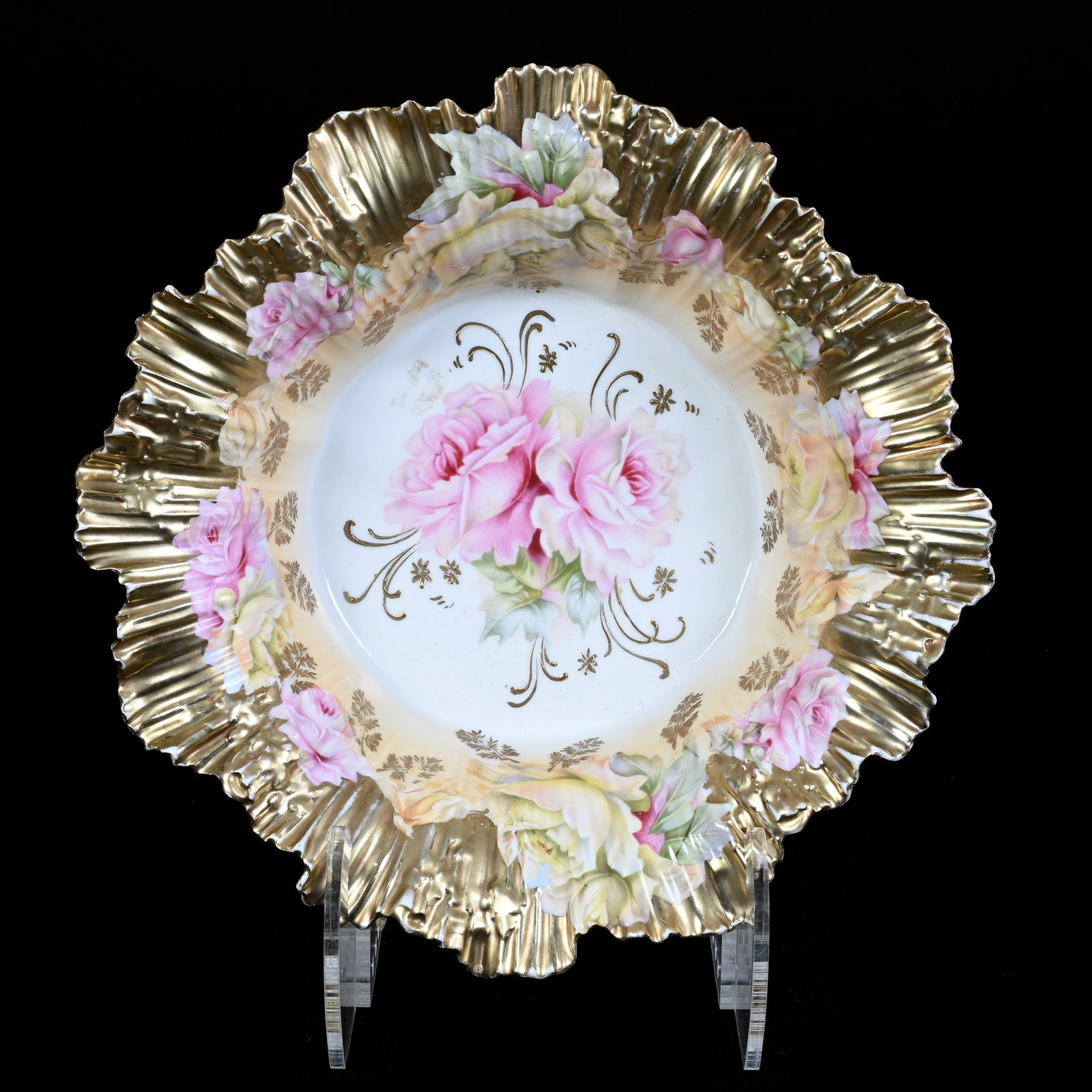 Bowl, Unmarked R.S. Prussia, Cream and White Tones: Bowl, Unmarked R.S. Prussia, Cream and White Tones, 10.25", Pink And Yellow Rose Decor, Heavy Gold Ruffled Border, Christine And The Late Bob Welter Collection, Texas.