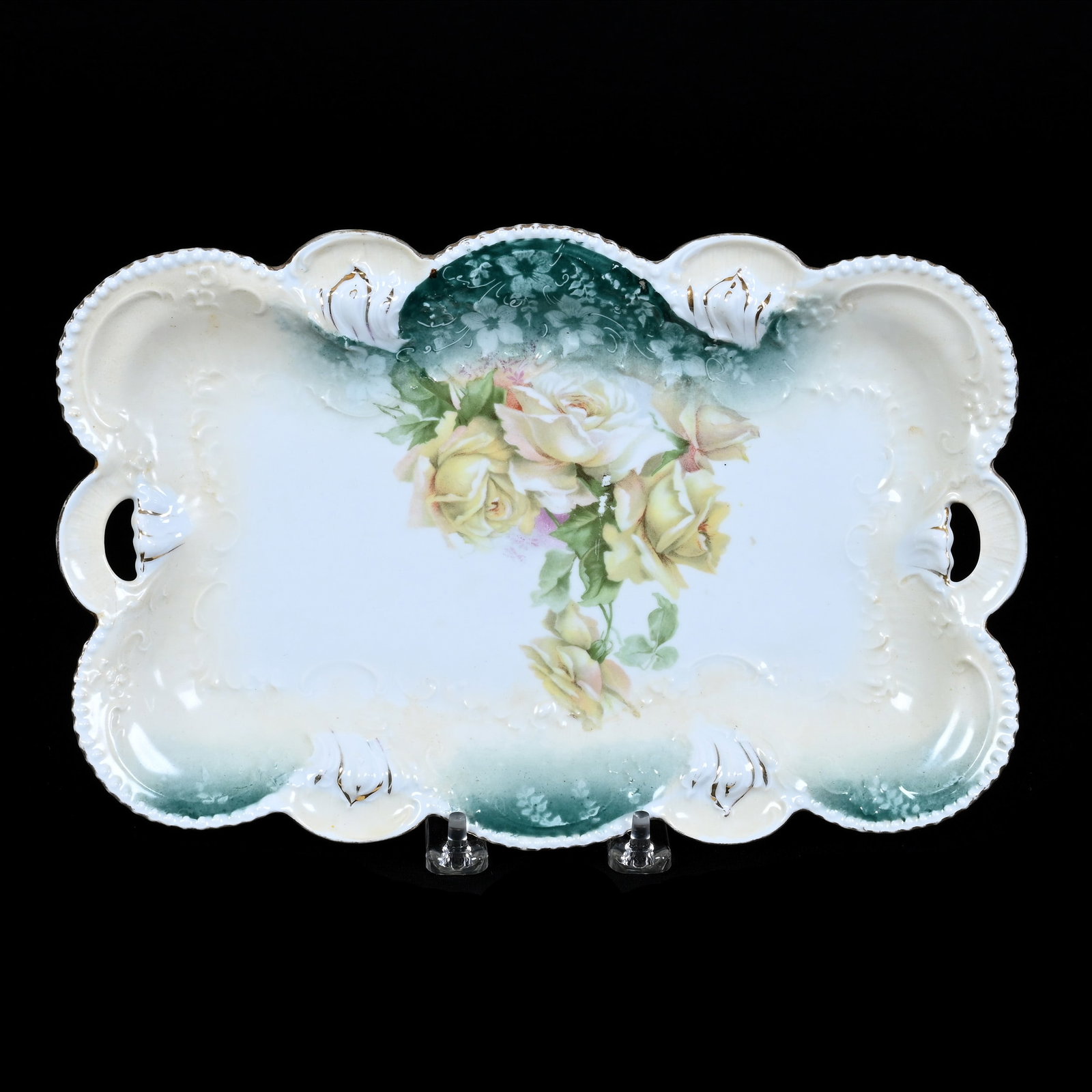 Dresser Tray, Unmarked R.S. Prussia, Cream, Green, and White Tones: Dresser Tray, Unmarked R.S. Prussia, Cream, Green, and White Tones, 11.5" x 7.5", Yellow Rose Decor, Christine And The Late Bob Welter Collection, Texas.