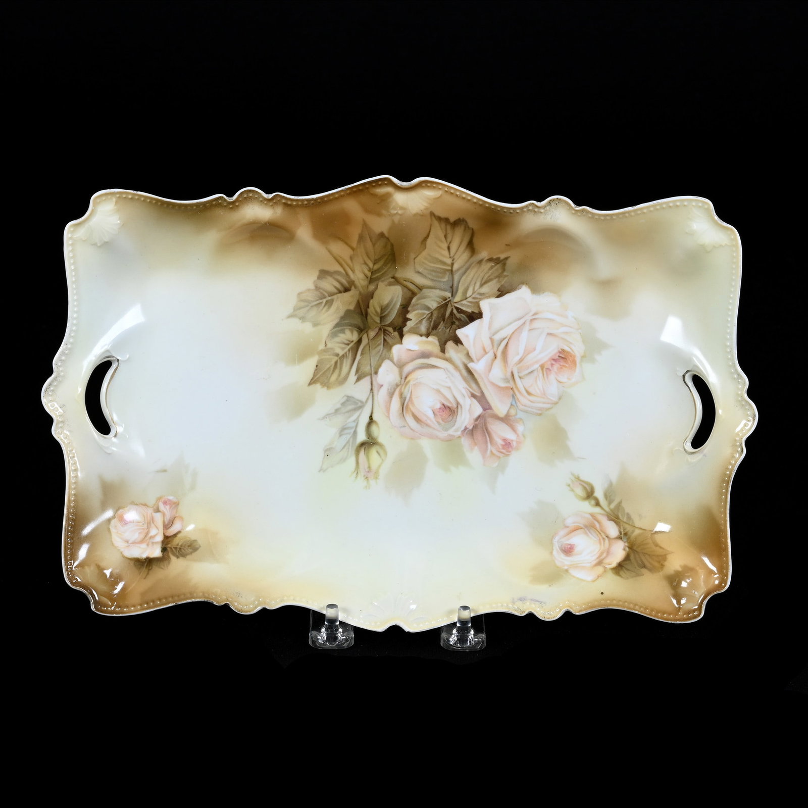 Dresser Tray, Marked R.S. Prussia, Brown and Yellow Tones: Dresser Tray, Marked R.S. Prussia, Brown and Yellow Tones, 12" x 7.5", Soft Pink Rose Decor, Christine And The Late Bob Welter Collection, Texas.